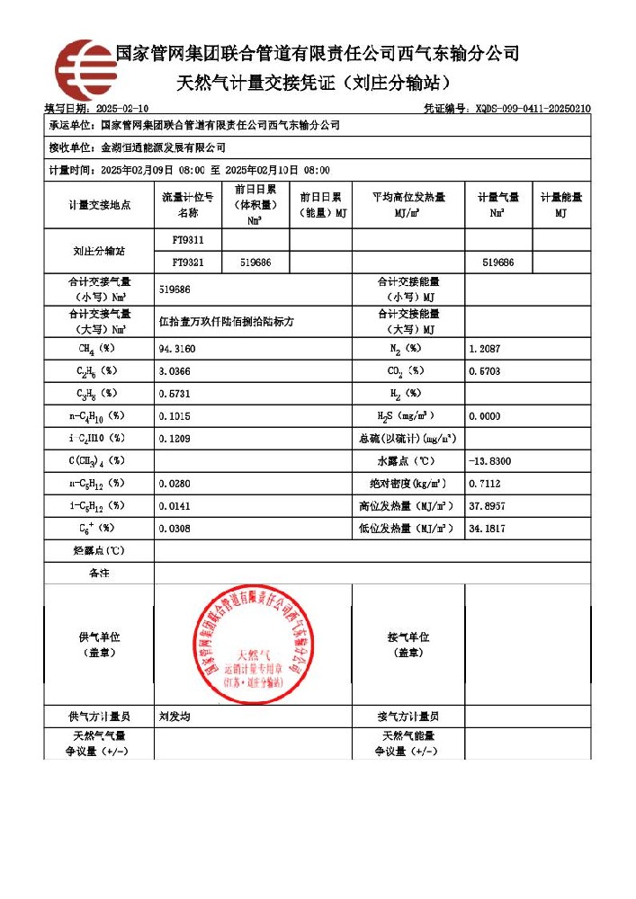 天然气计量交接凭证-刘庄分输站-金湖恒通-2025年02月10日_00.jpg