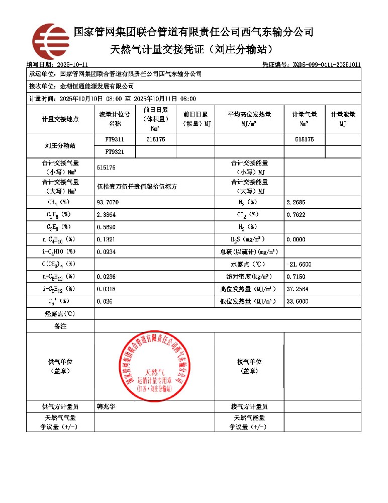 天然气计量交接凭证-刘庄分输站-金湖恒通-2025年10月11日_01.jpg