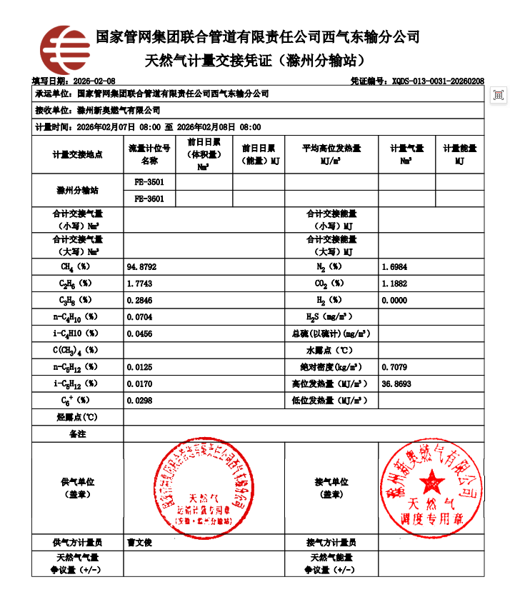 滁州市管道天然气气质报告（2026年2月）