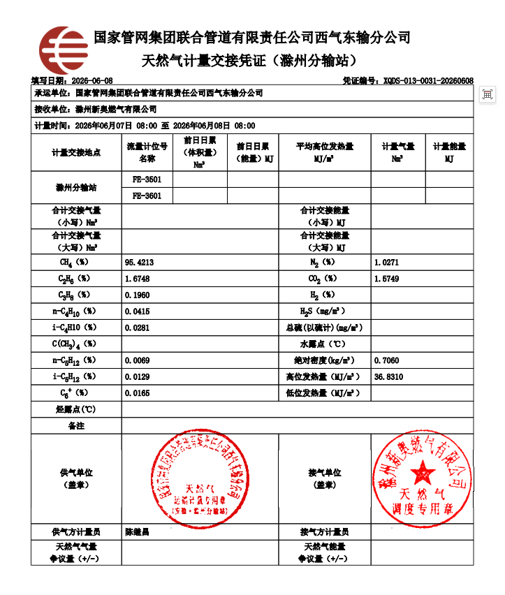 滁州市管道天然气气质报告（2026年6月）