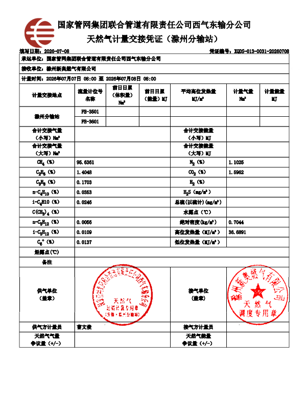 滁州市管道天然气气质报告（2026年7月）